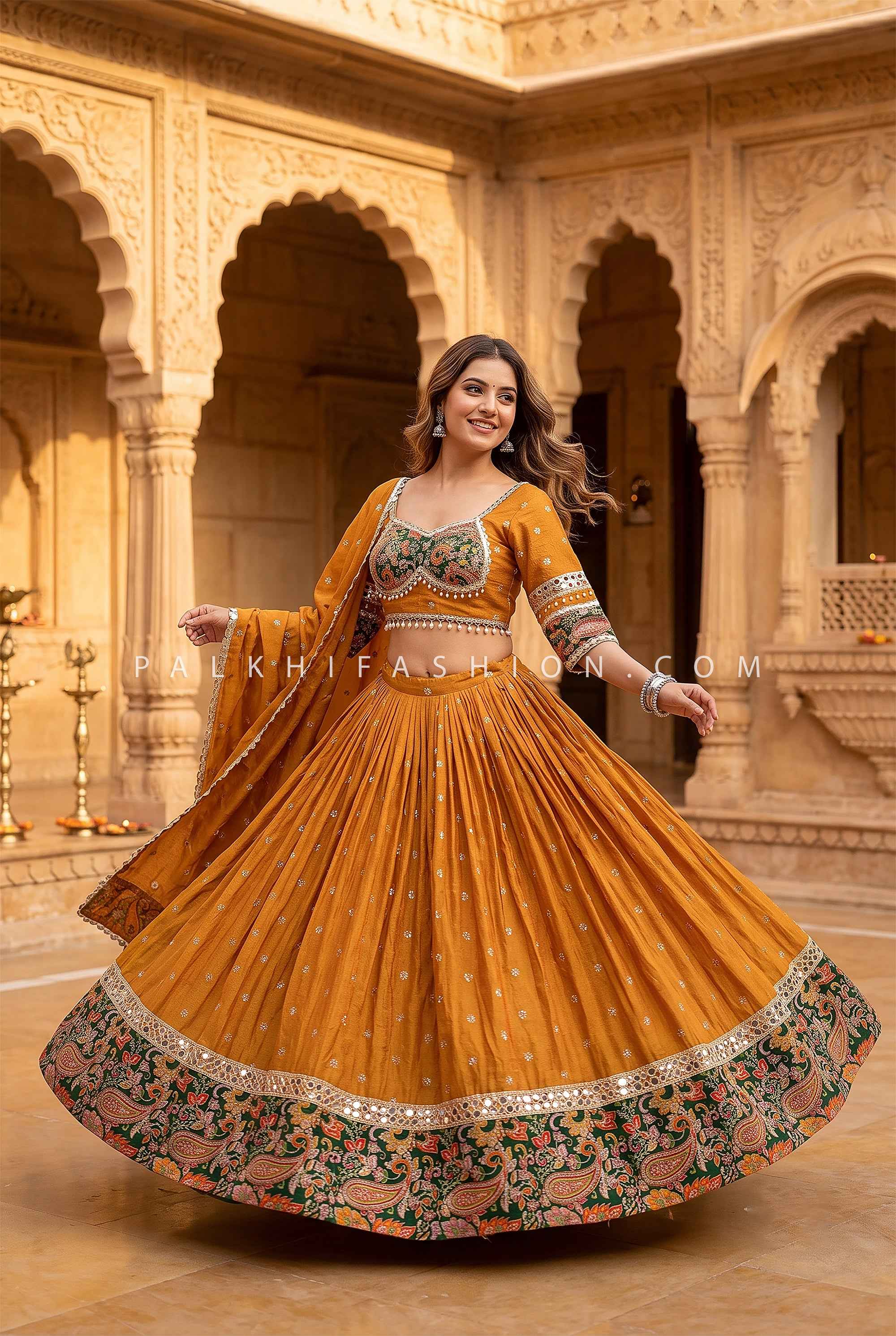 Premium Mustard Cotton Silk Garba Chaniya Choli with Paisley Border | Palkhi Fashion