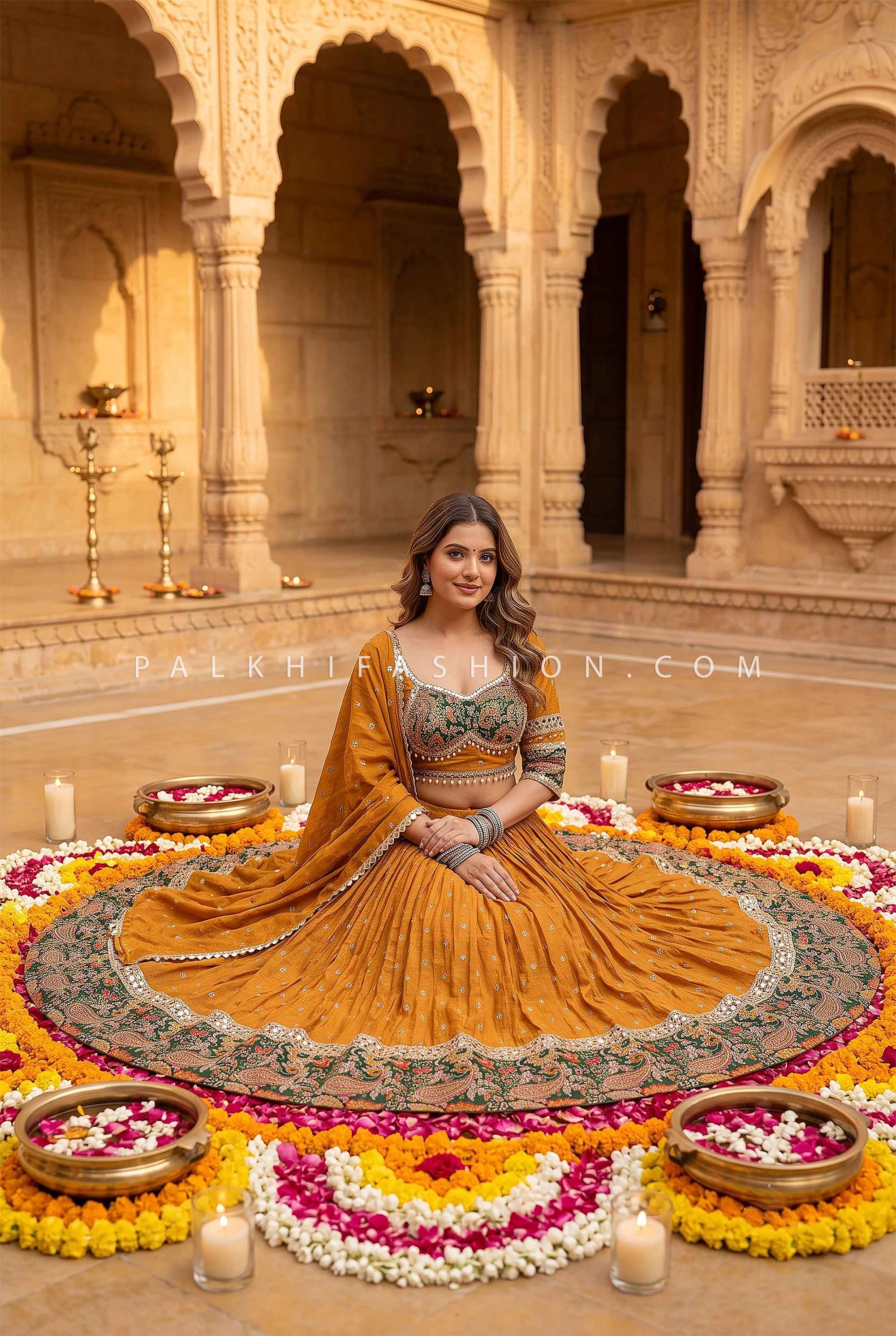 Premium Mustard Cotton Silk Garba Chaniya Choli with Paisley Border | Palkhi Fashion