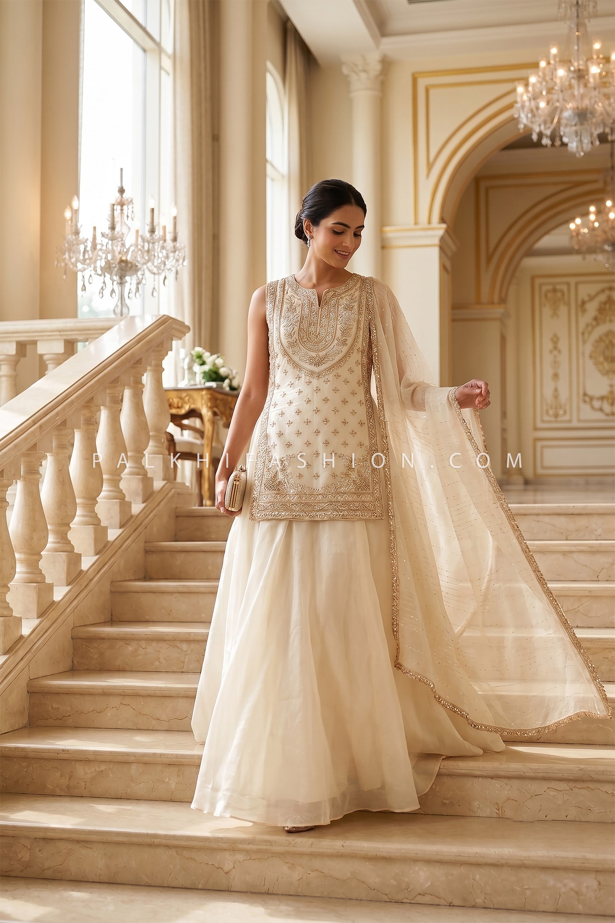 Pearl Majesty – Pristine Ivory Beadwork Indo Western Lehenga Set | Palkhi Fashion