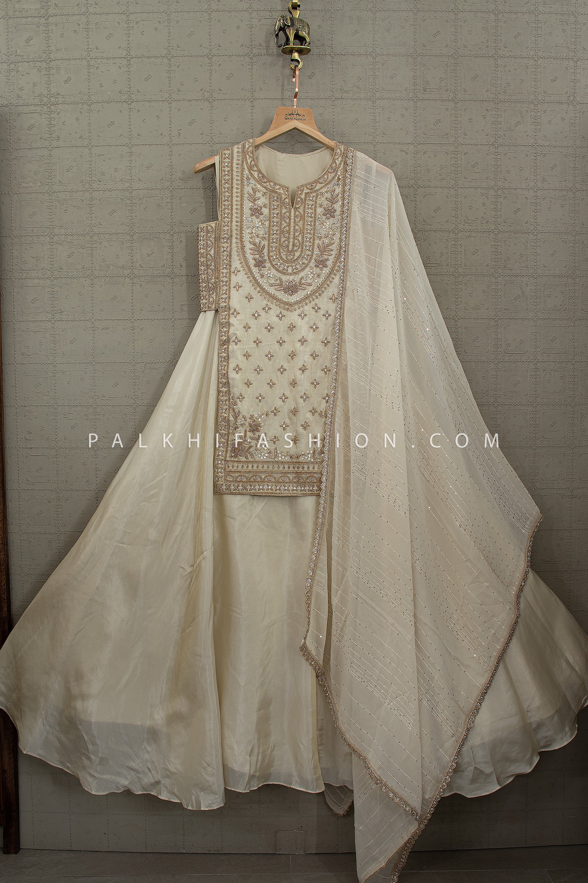 Pearl Majesty – Pristine Ivory Beadwork Indo Western Lehenga Set | Palkhi Fashion