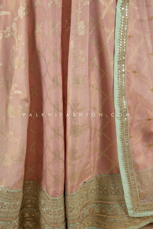 Pure Banarasi Silk Peach Indian Designer Outfit with Handwork 