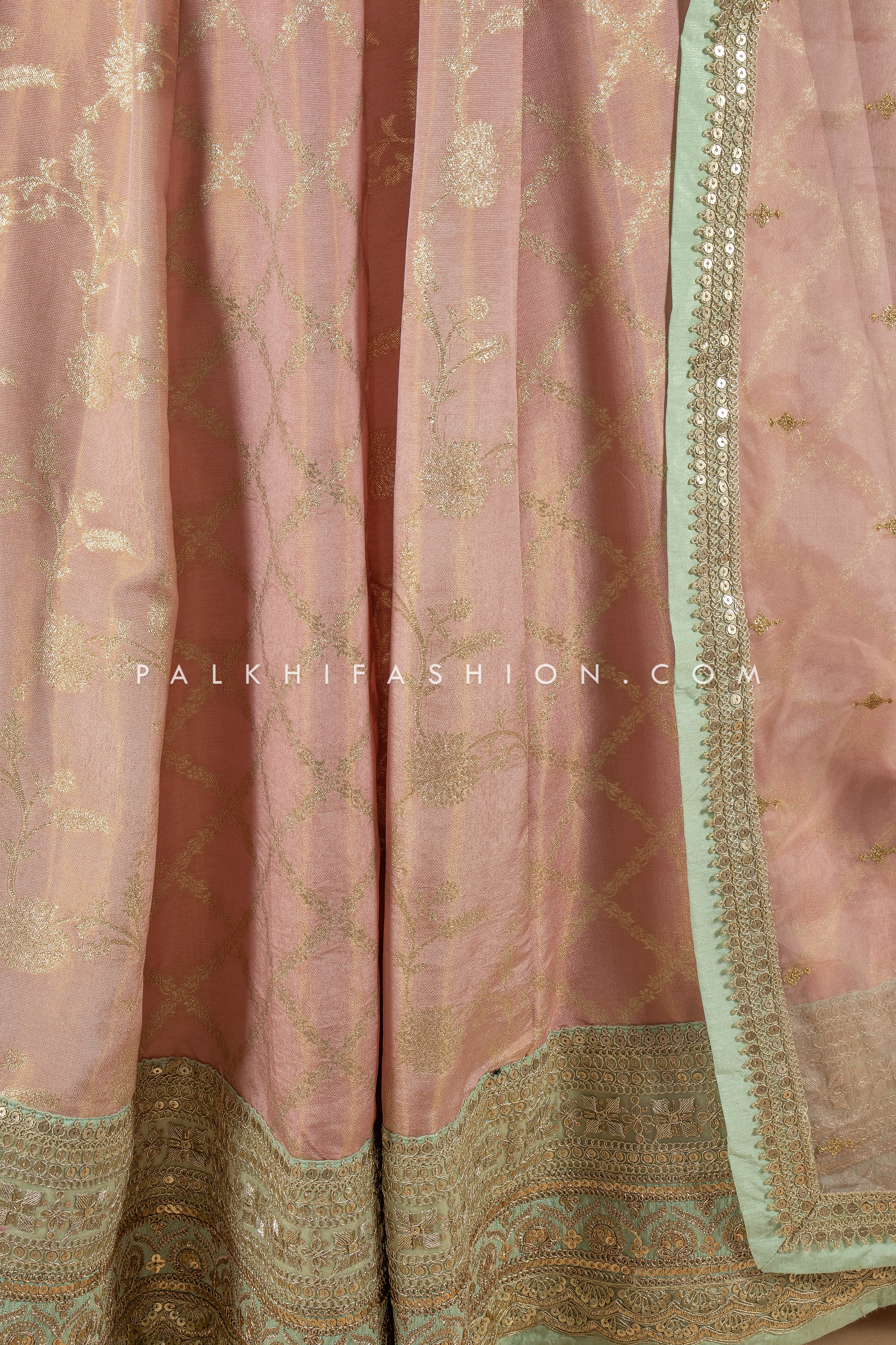 Pure Banarasi Silk Peach Indian Designer Outfit with Handwork 