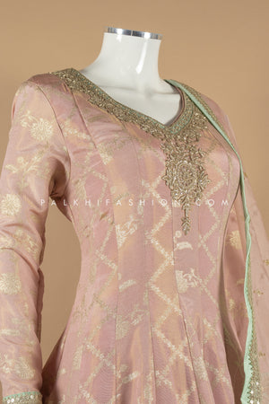 Pure Banarasi Silk Peach Indian Designer Outfit with Handwork 