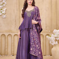 Regal Amethyst | Embroidered Purple Art Silk Kurti Palazzo Set with Floral Dupatta | Palkhi Fashion