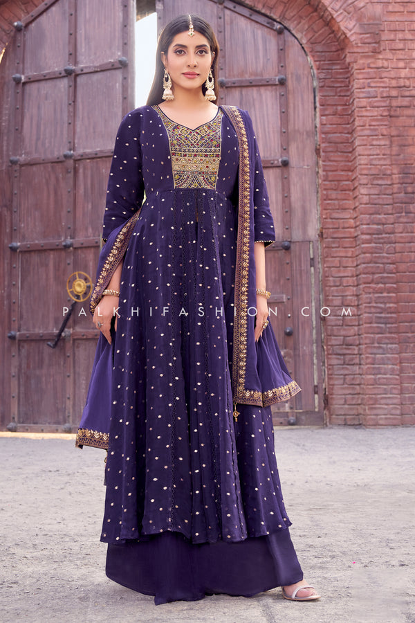 Purple Soft Silk Front Slit Palazzo Outfit - Palkhi Fashion