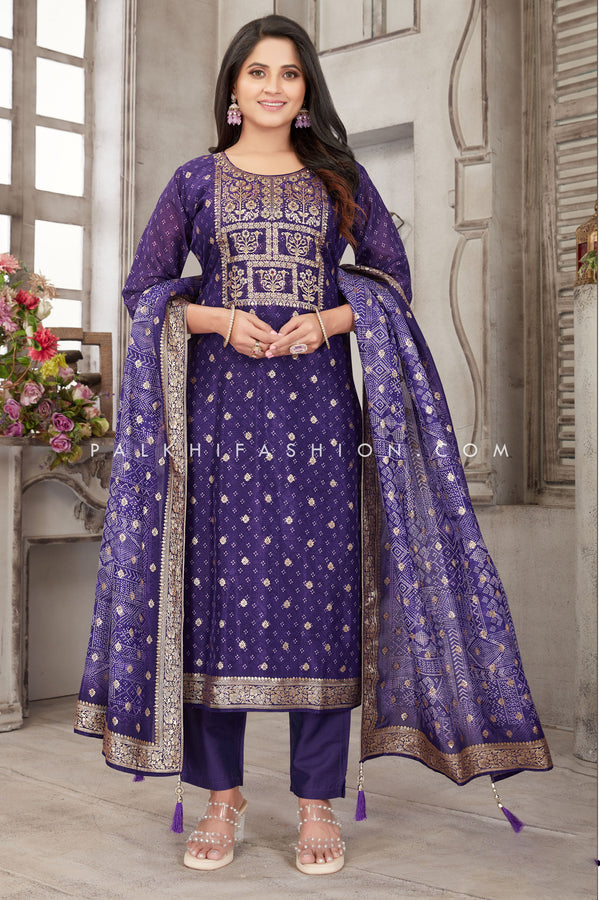 Purple Straight Cut Suit with Bandhani Embroidery – Palkhi Fashion