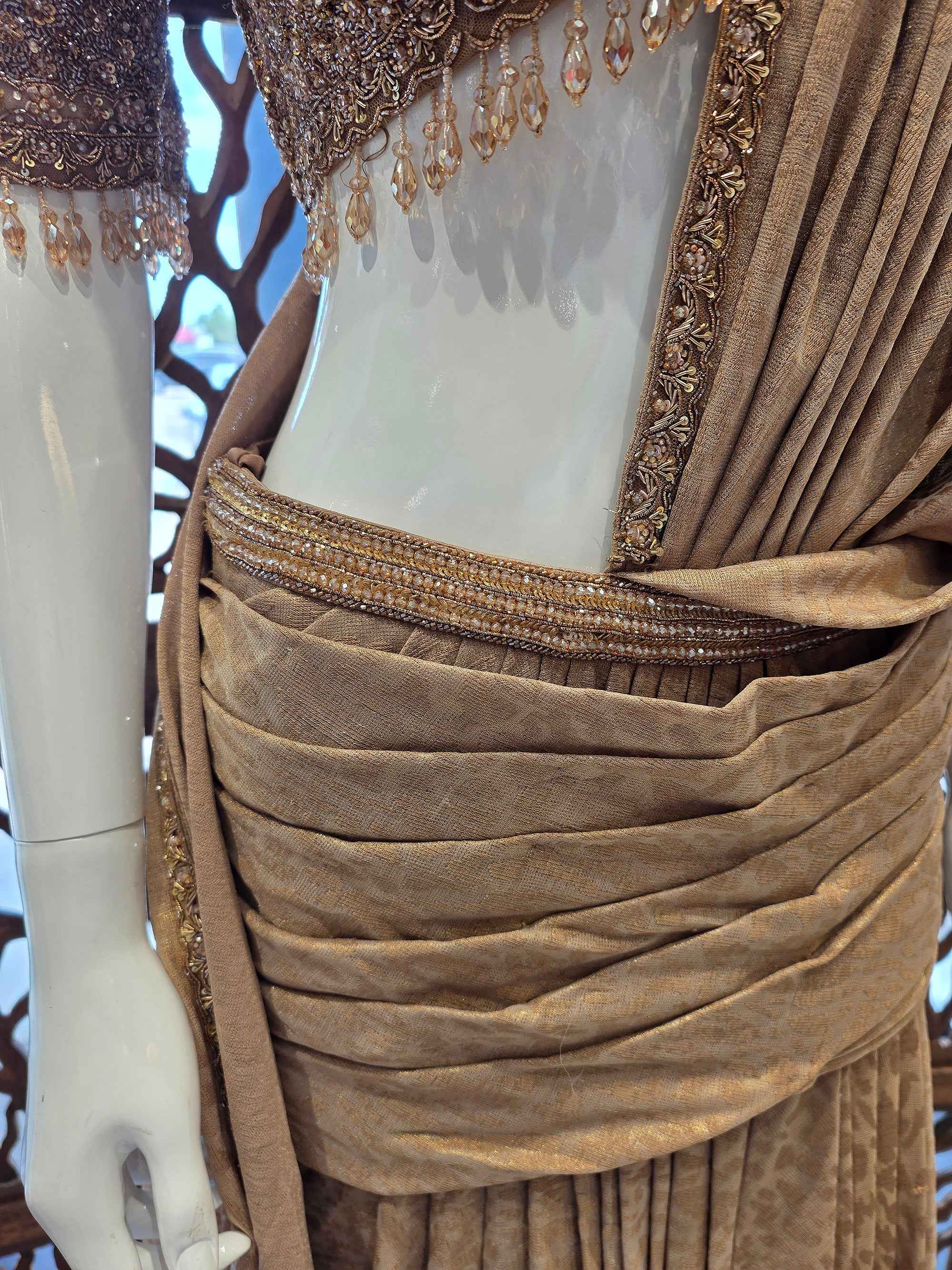 Radiant Luxe Drape – Champagne Gold Hand Embellished Indo-western Drape Saree – Palkhi Fashion
