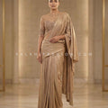 Radiant Luxe Drape – Champagne Gold Hand Embellished Indo-western Drape Saree – Palkhi Fashion