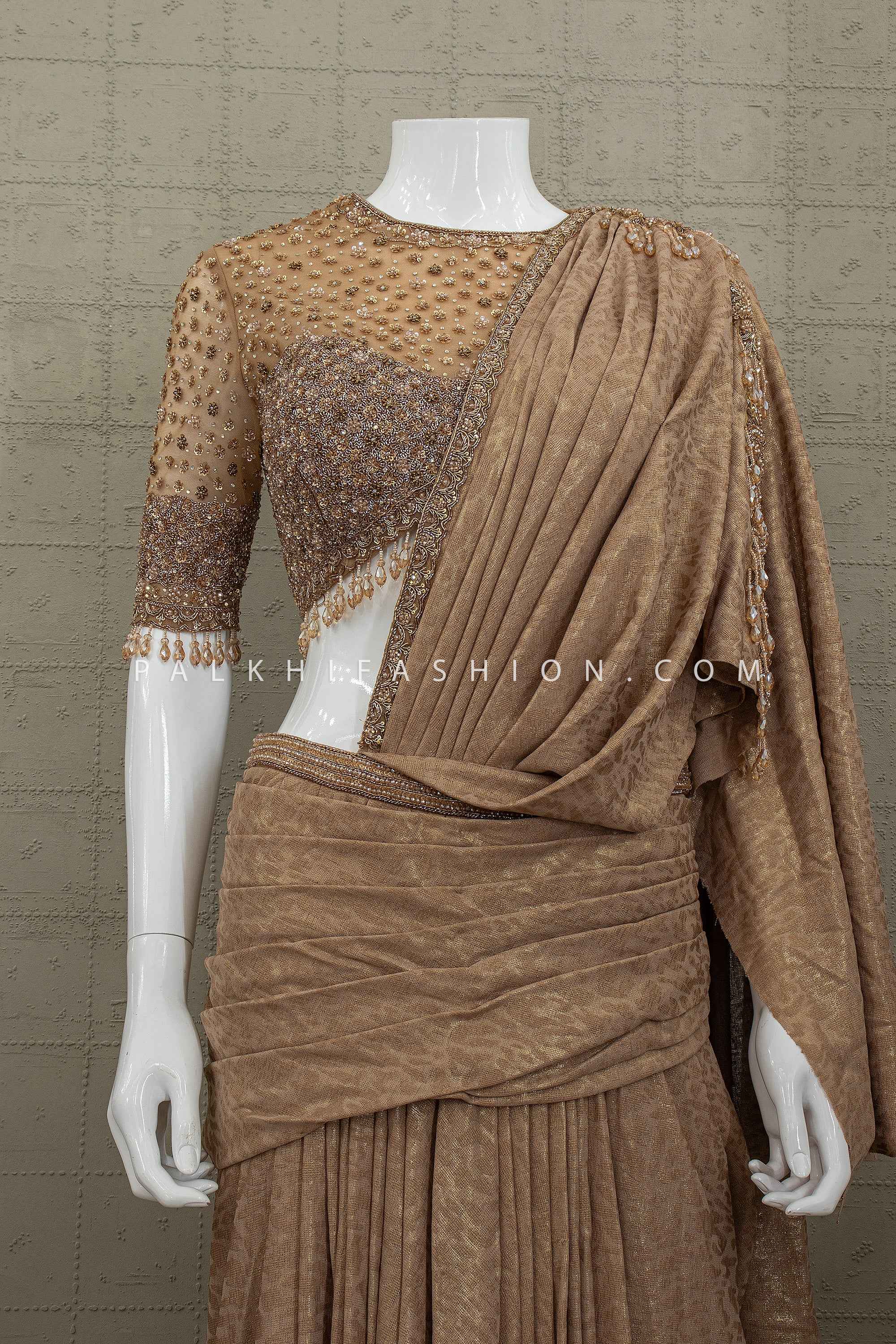 Radiant Luxe Drape – Champagne Gold Hand Embellished Indo-western Drape Saree – Palkhi Fashion