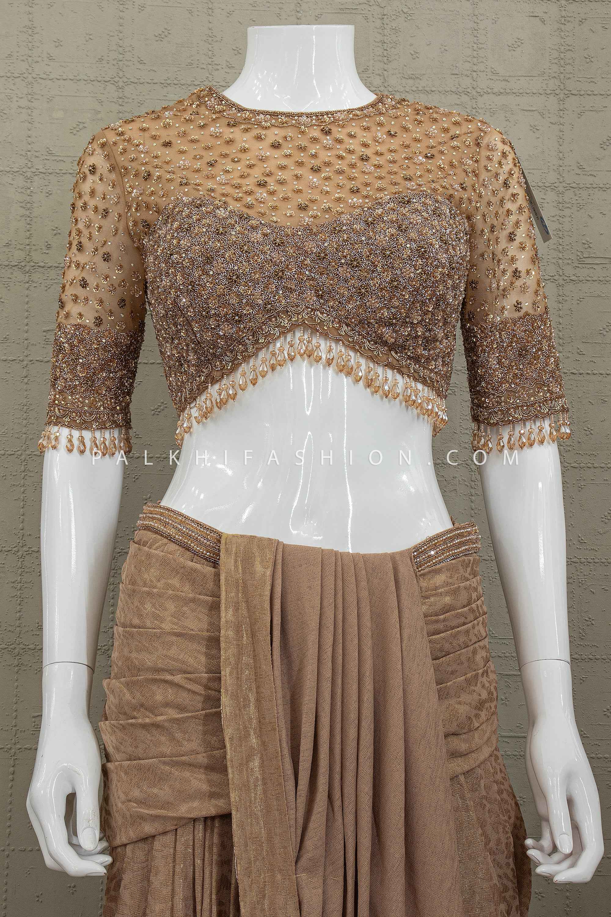 Radiant Luxe Drape – Champagne Gold Hand Embellished Indo-western Drape Saree – Palkhi Fashion