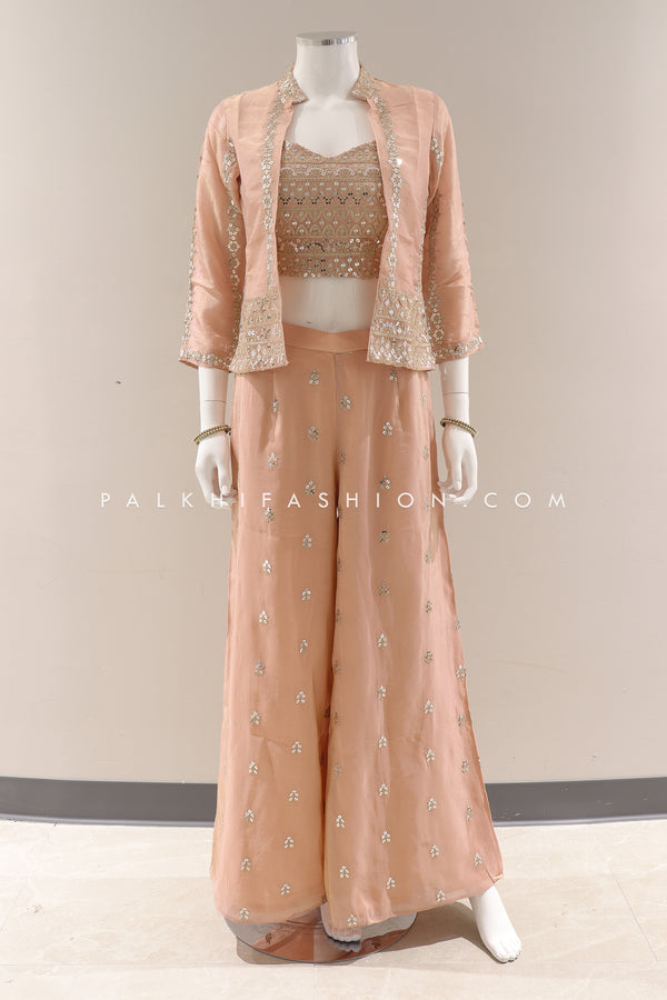 Radiant Peach: Embroidered Palazzo Outfit With Crop Top & Jacket