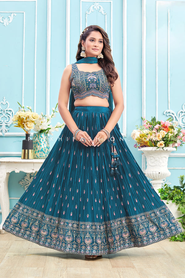 Radiant Peacock Blue Soft Silk Lehenga Choli – Lightweight Elegance with Intricate Embroidery