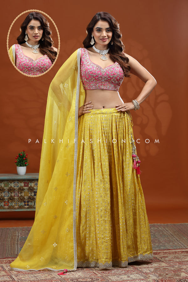 Radiant Yellow-Pink Soft Silk Lehenga Choli with Handcrafted Blouse