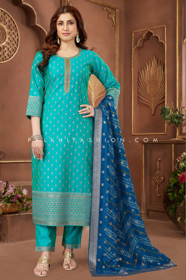 Rama Green Straight-Cut Suit with Bandhani Silk Dupatta