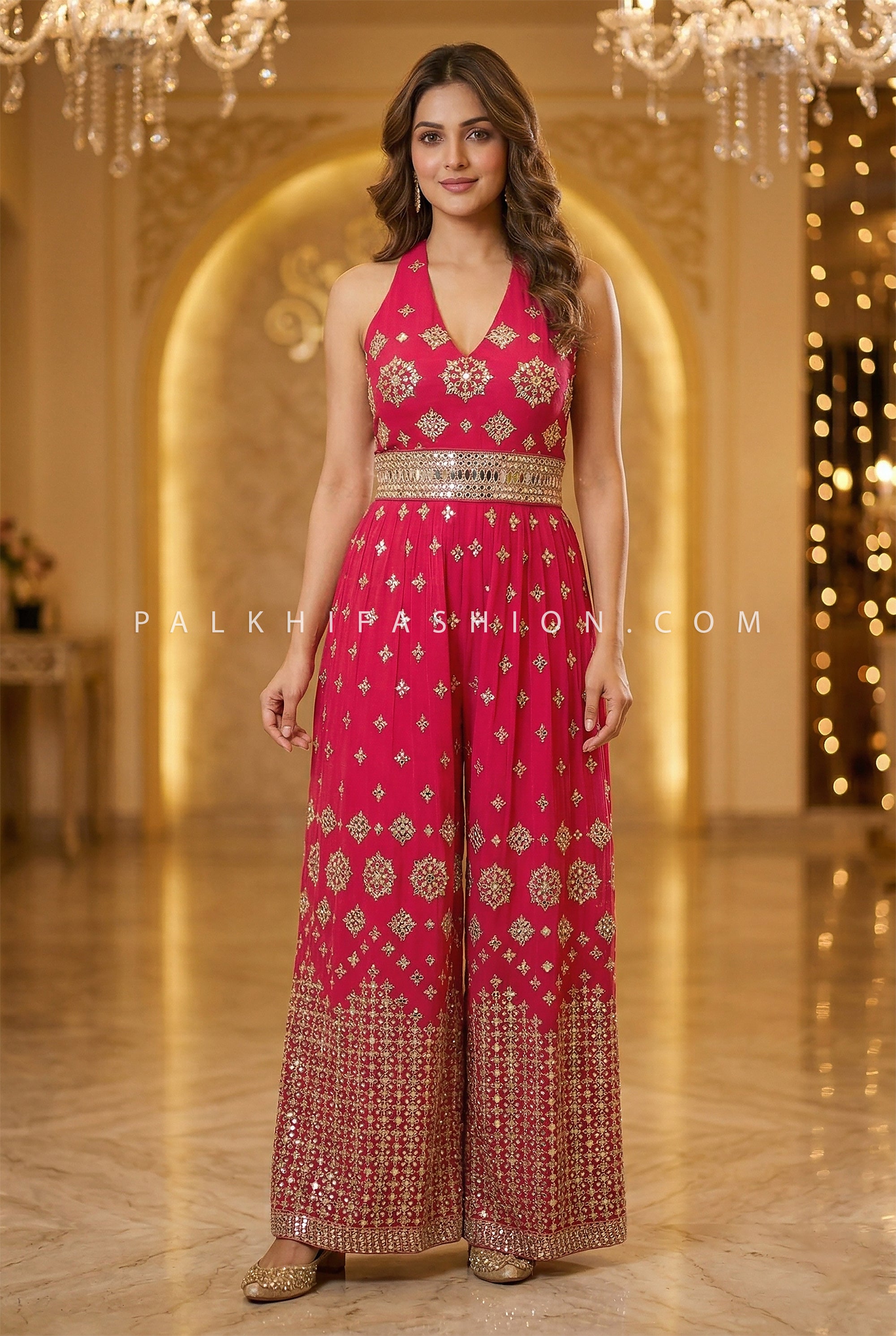Rani Glam Statement – Pink Georgette Mirror Work Jumpsuit – Palkhi Fashion Houston USA