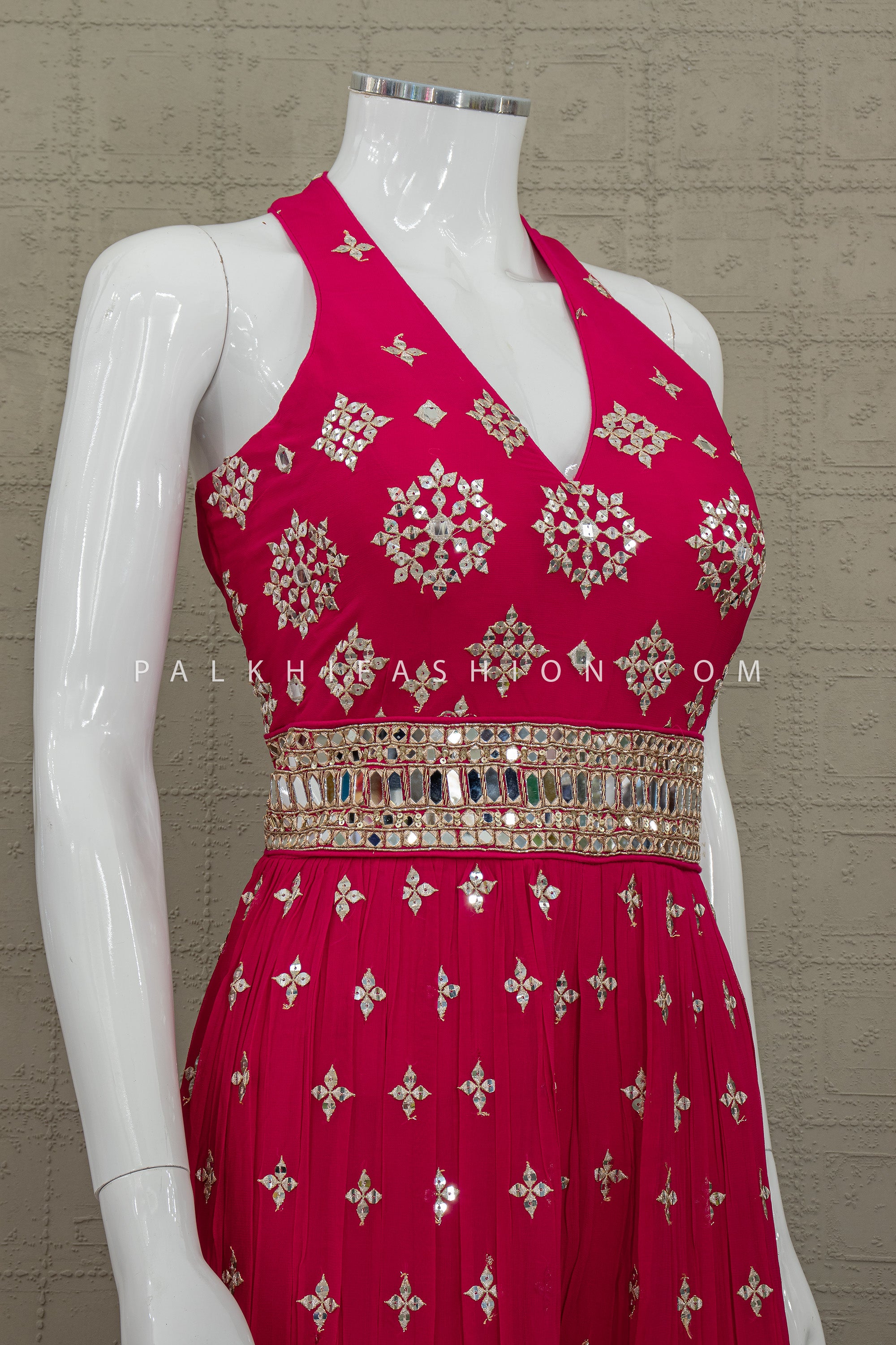 Rani Glam Statement – Pink Georgette Mirror Work Jumpsuit – Palkhi Fashion Houston USA