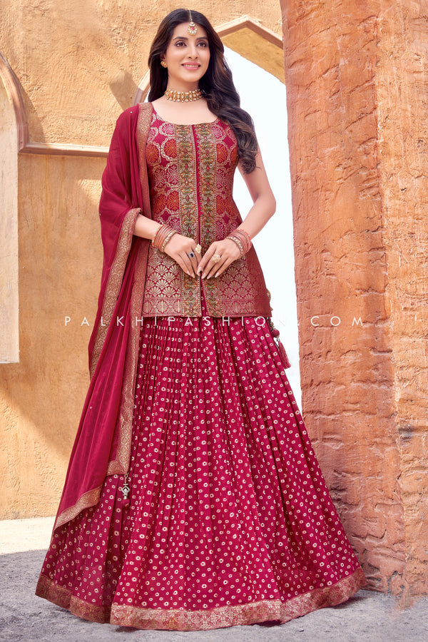 Rani Pink Banarasi Silk Lehenga Choli with Bandhani and Handwork