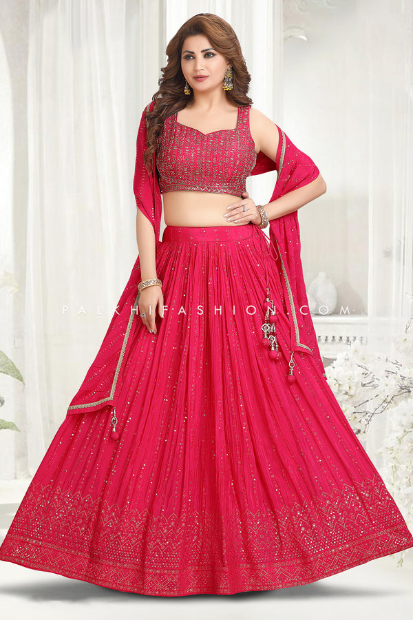 Rani Pink Chinon Silk Lehenga Choli - Premium, Lightweight, Embroidered