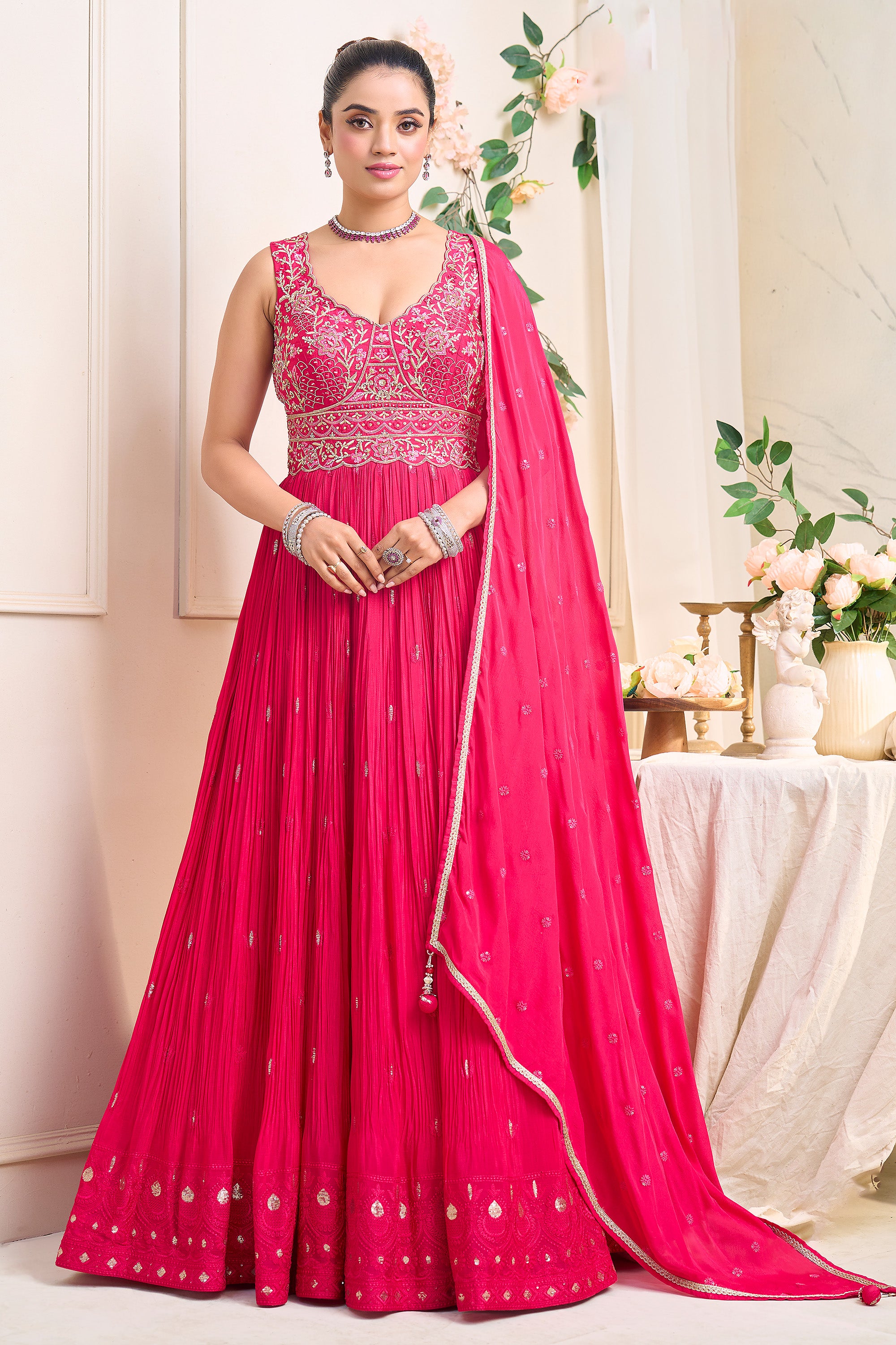 Regal Radiance | Rani Pink Pleated Georgette Anarkali Gown with Zari Work | Palkhi Fashion