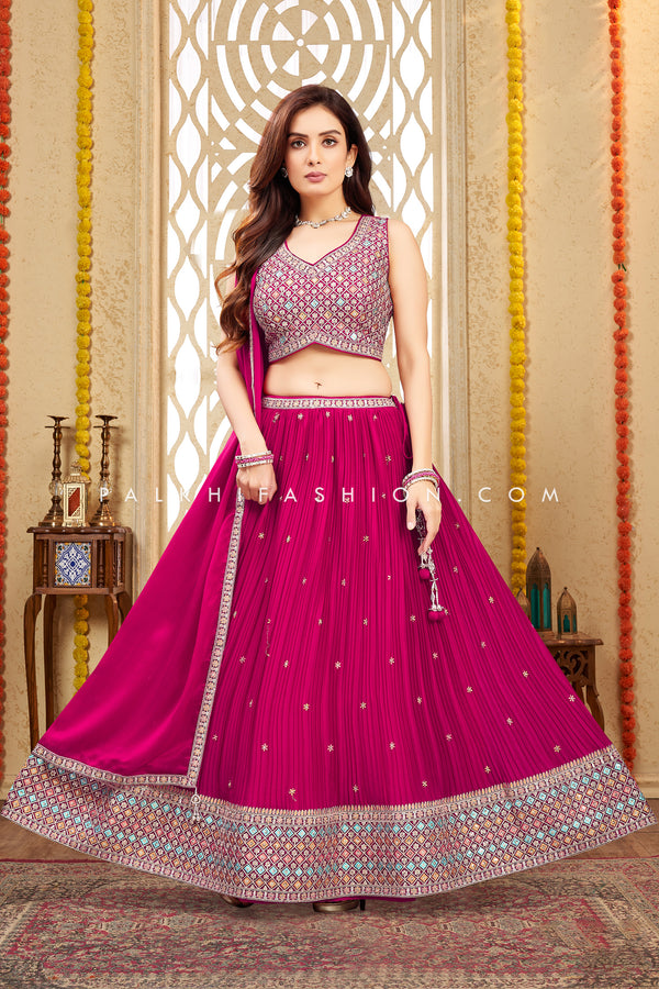 Rani Pink Lehenga Choli With Multi Color Embroidery Work