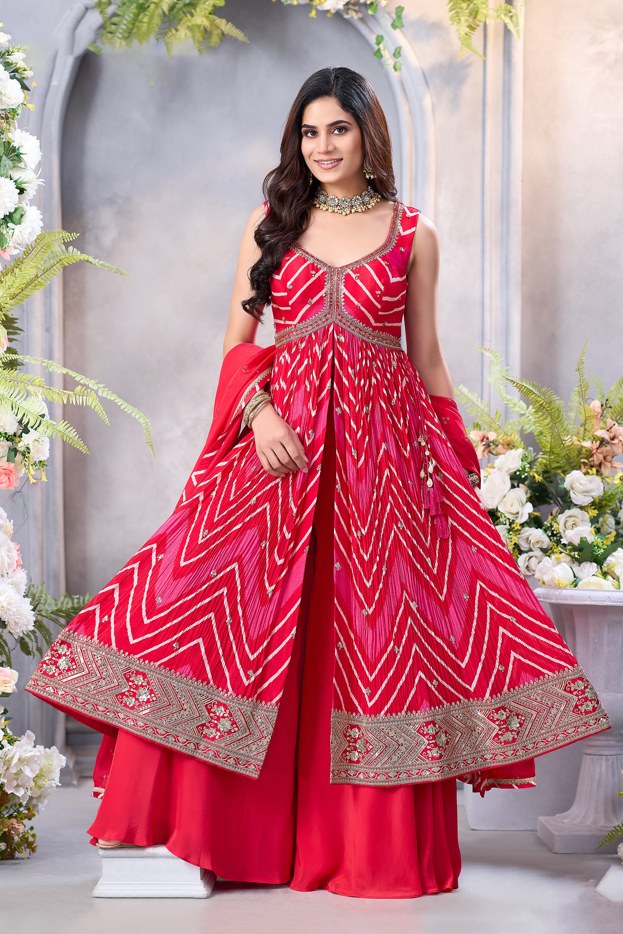 Rani Pink Leheriya Front-Slit Kurta Palazzo Set | Palkhi Fashion