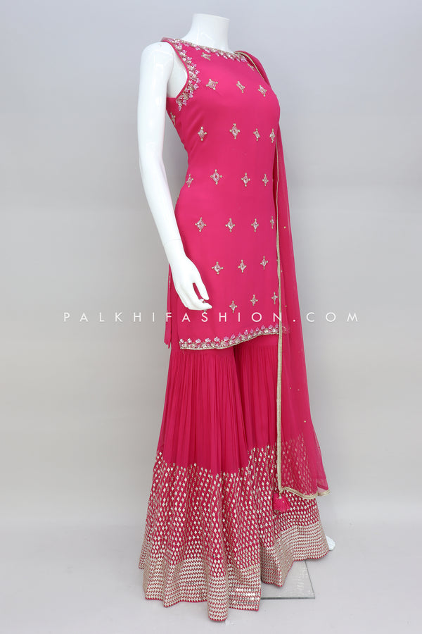 Rani Pink Pure Georgette Palazzo Outfit With Handwork