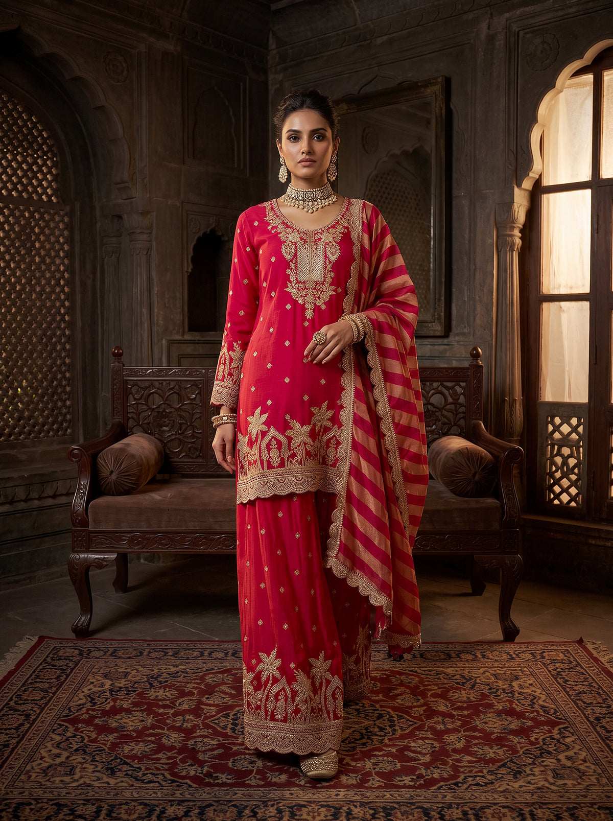 Radiant Elegance | Rani Pink Pure Silk Embroidered Palazzo Set | Palkhi Fashion