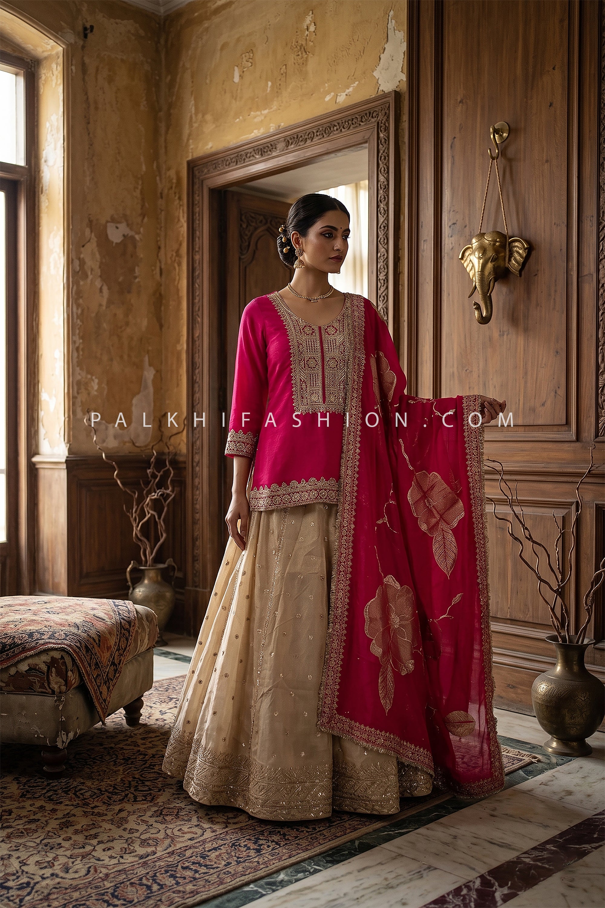 Rani Pink Pure Silk Palazzo Set with Ivory Palazzo & Banarasi Dupatta | Palkhi Fashion