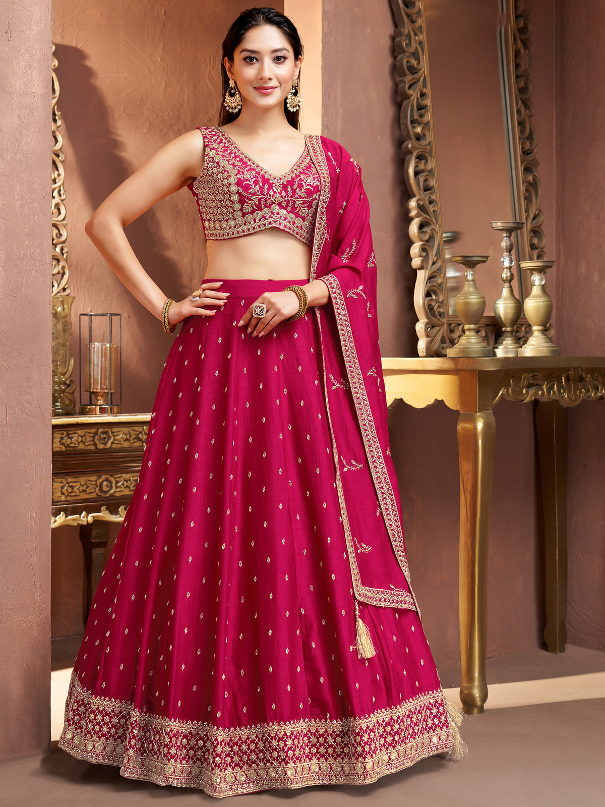 Magenta Grandeur | Rani Pink Silk Blend Lehenga Choli with Embroidery & Cutdana Handwork | Palkhi Fashion