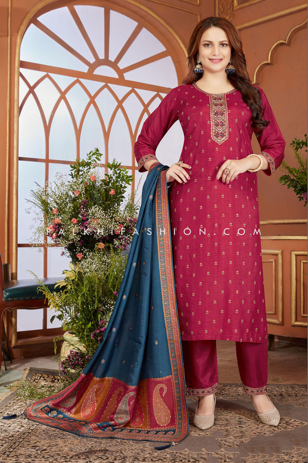 Rani Pink Straight Cut Silk Ensemble with Luxurious Dupatta