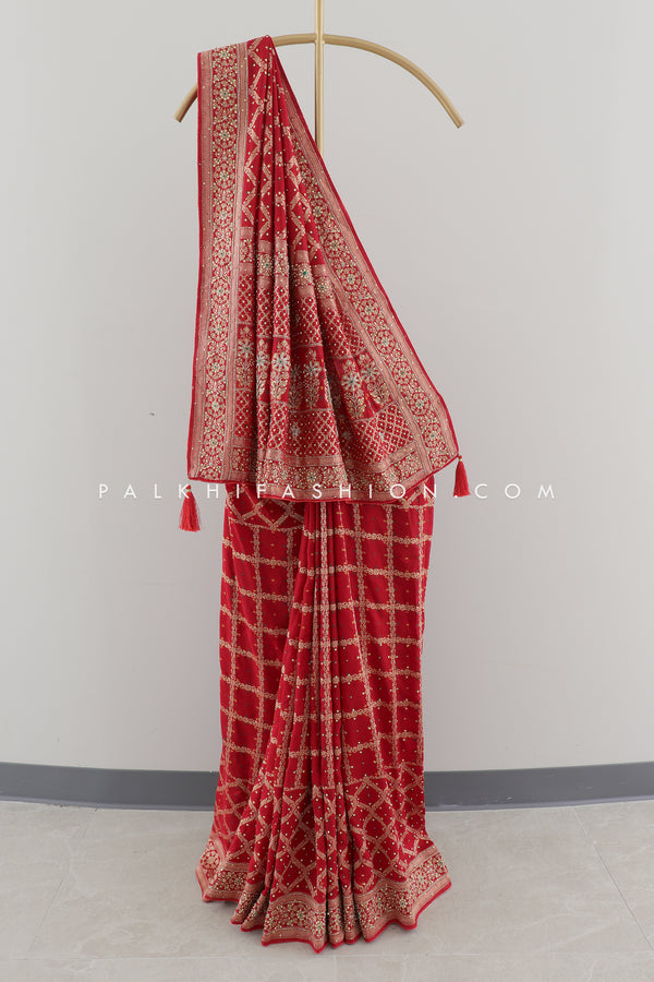 Red Banarasi Georgette Saree with Zari Weaving & HandWork - Palkhi Fashion