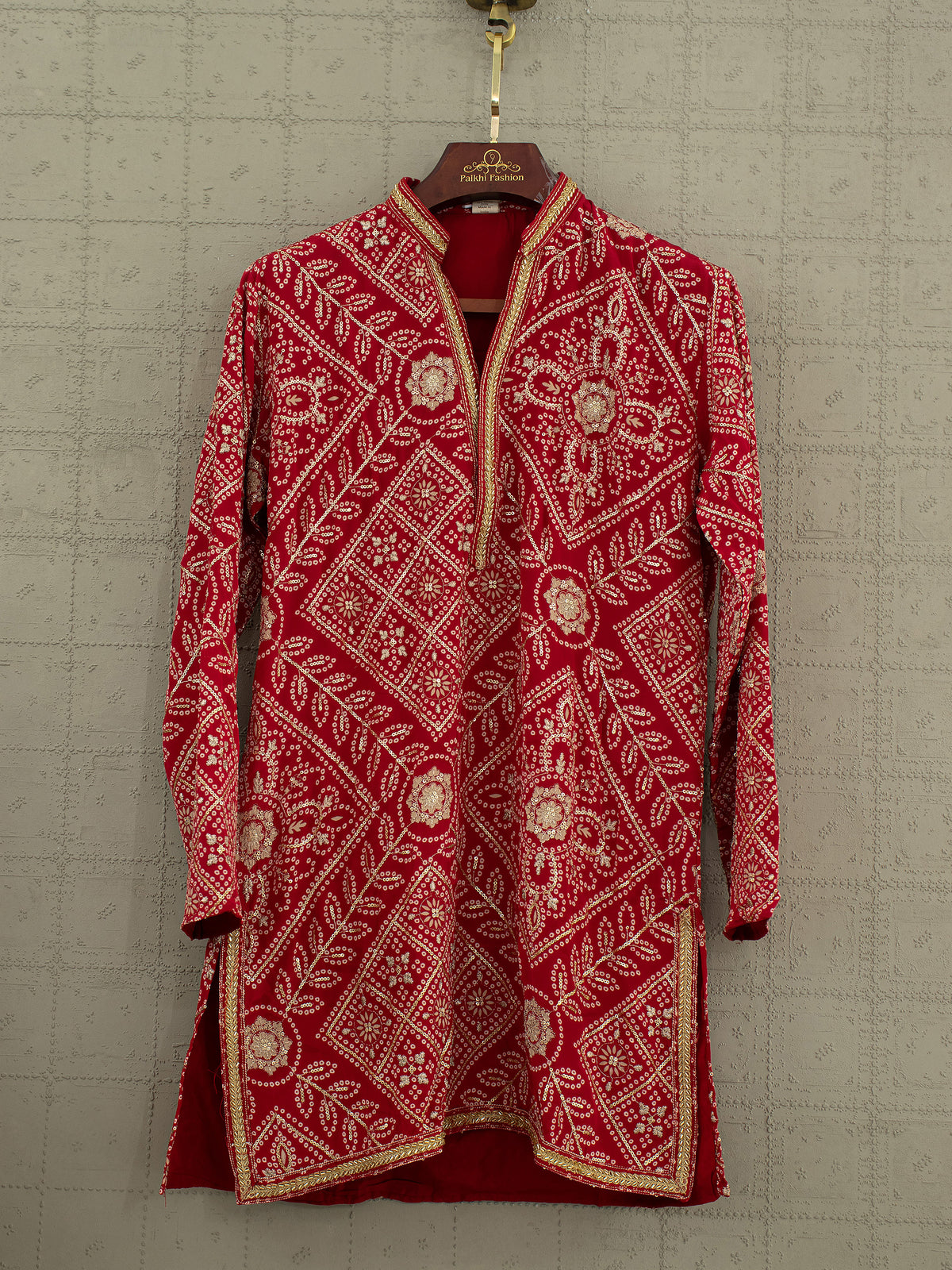 Regal Crimson | Red Bandhej Print Mens Kurta with Cutdana & Petit Stone Work | Palkhi Fashion