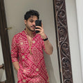 Regal Crimson | Red Bandhej Print Mens Kurta with Cutdana & Petit Stone Work | Palkhi Fashion