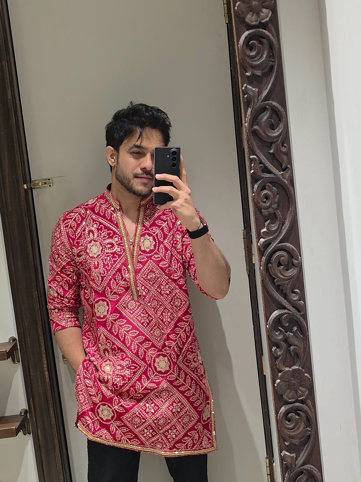 Regal Crimson | Red Bandhej Print Mens Kurta with Cutdana & Petit Stone Work | Palkhi Fashion