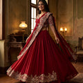 Crimson Majesty | Red Silk Indo-Western Lehenga Saree with Resham Work | Palkhi Fashion