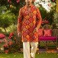 Vibrant Heritage | Multicolored Motif Red Designer Silk Kurta Set | Palkhi Fashion
