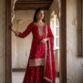 Luxury Crimson Red Kurta Palazzo Set with Embroidered Dupatta | Palkhi Fashion