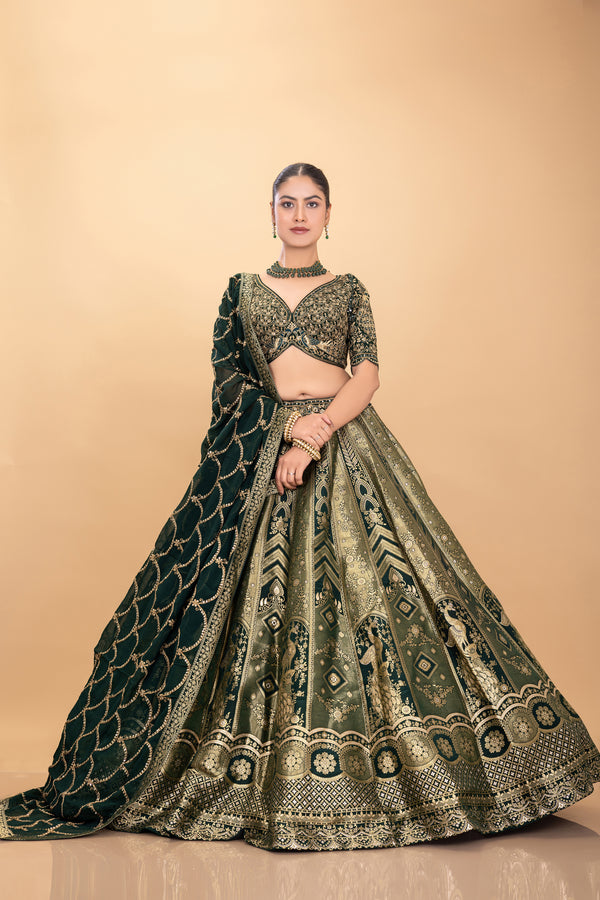 Refined Edge: Statement Emerald Green Designer Banarasi Silk Lehenga Choli