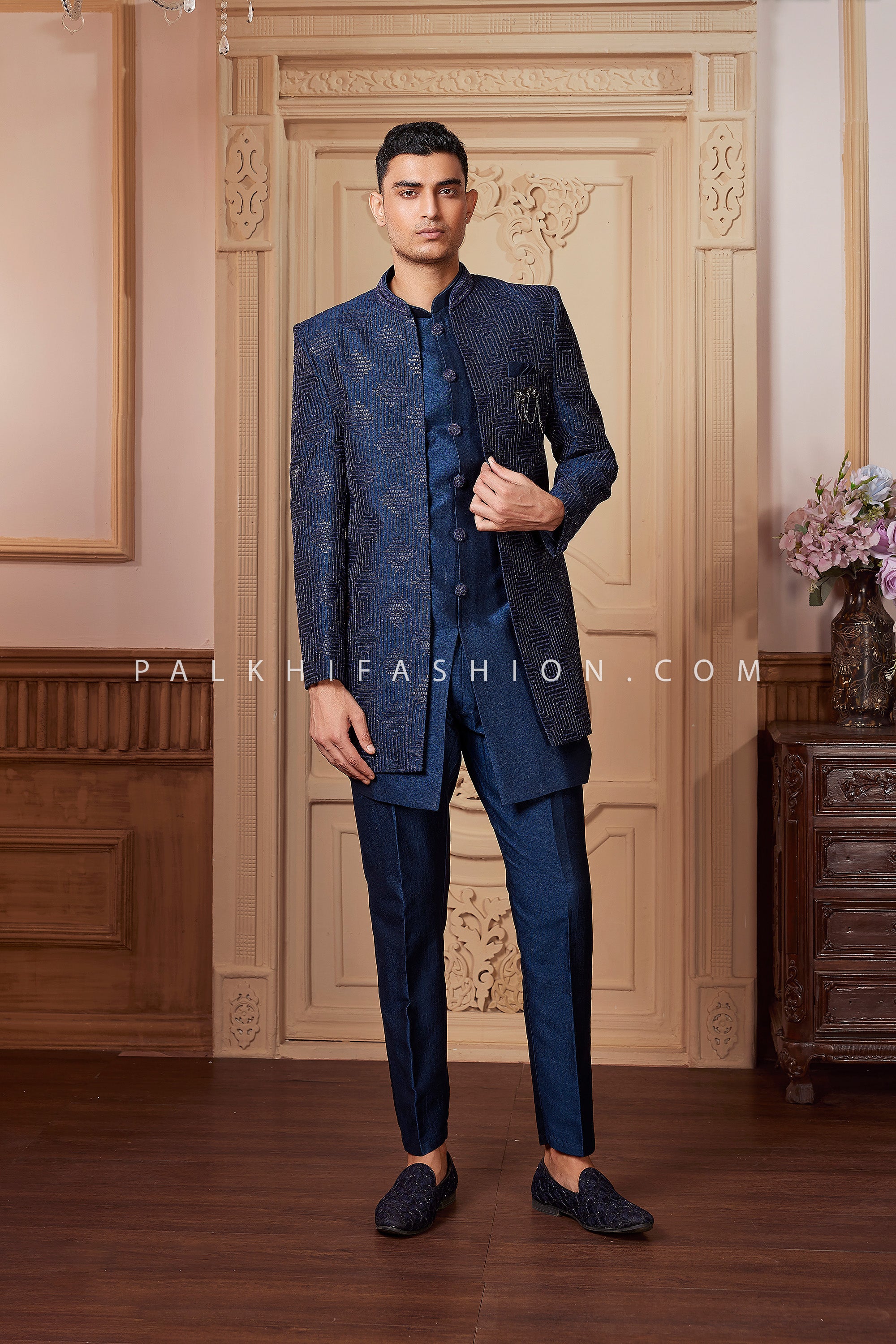 Refined Royal Layer –Navy Blue Silk Indo Western Jacket Set – Palkhi Fashion