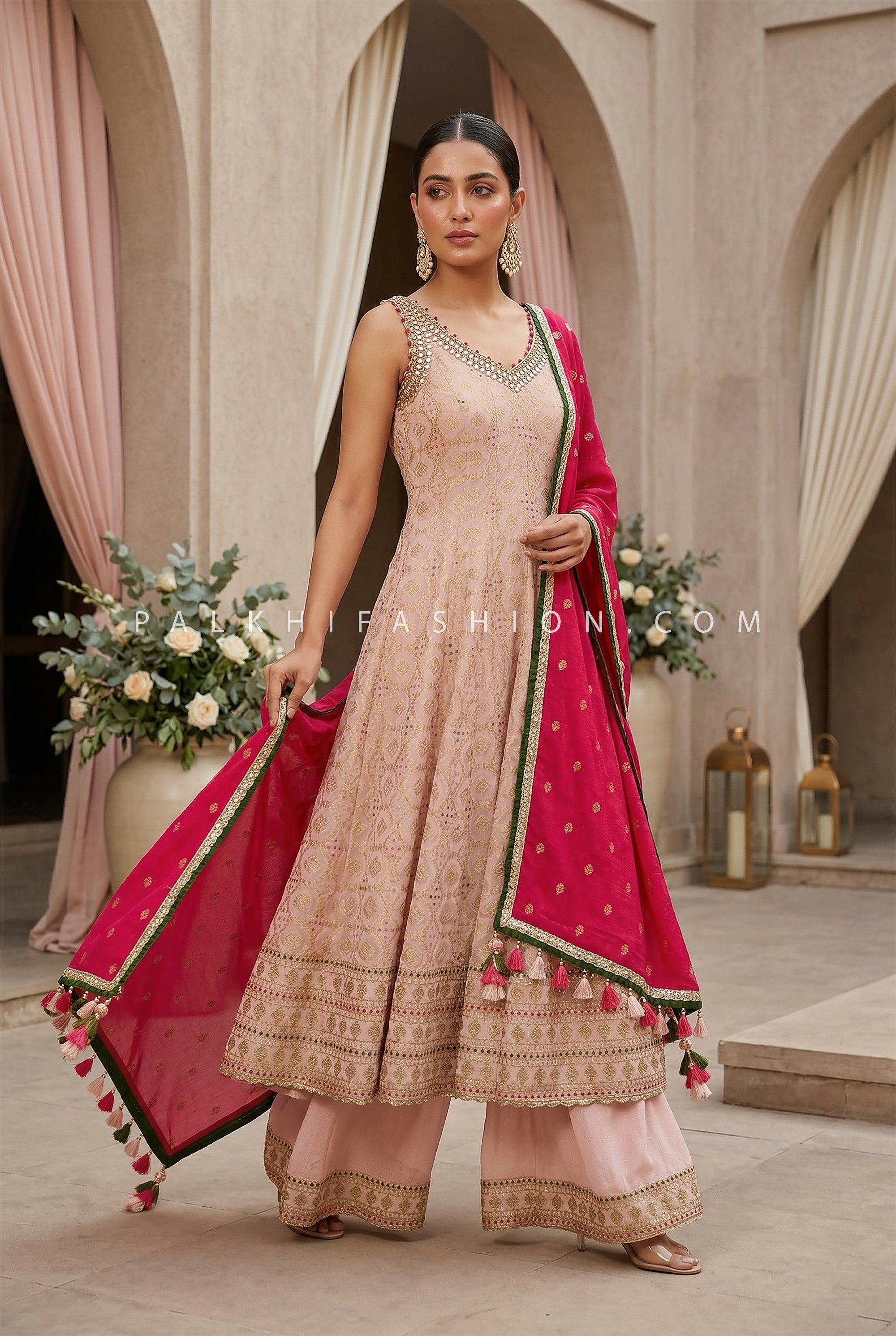 Refined Traditional Luxe – Pure Bandhani Blush Pink Mirror Anarkali Palazzo Suit Set