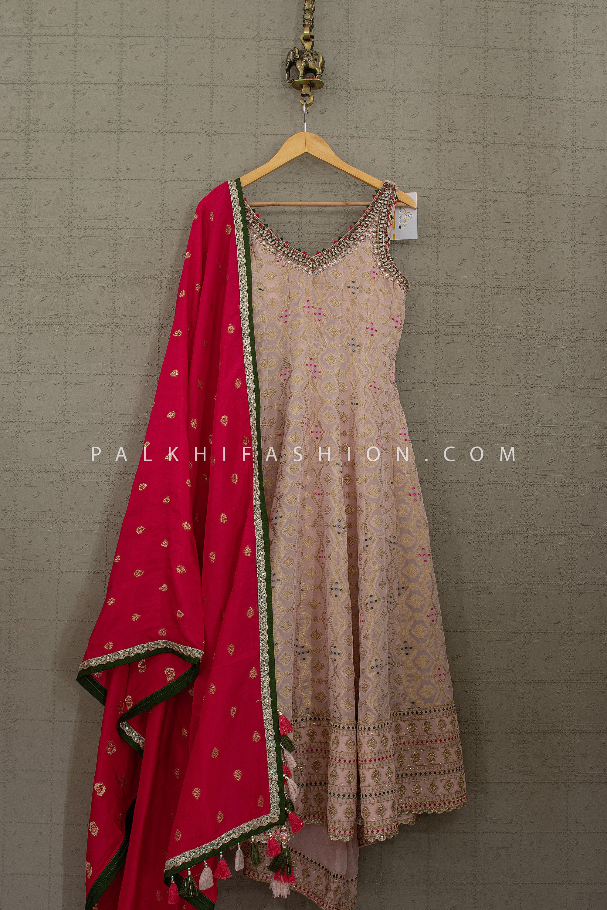 Refined Traditional Luxe – Pure Bandhani Blush Pink Mirror Anarkali Palazzo Suit Set