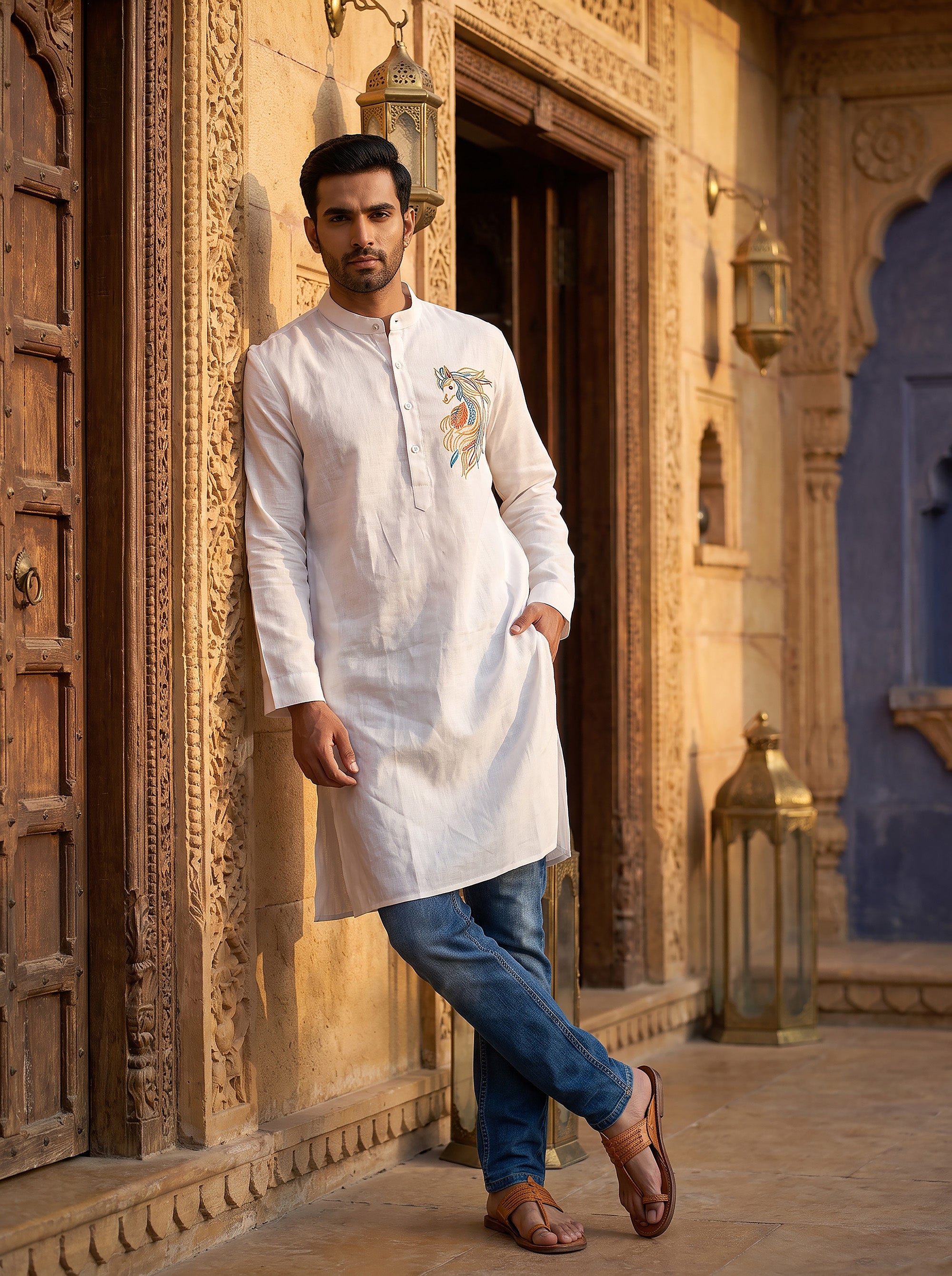 Regal Ashva | White Embroidered Men's Kurta | Palkhi Fashion