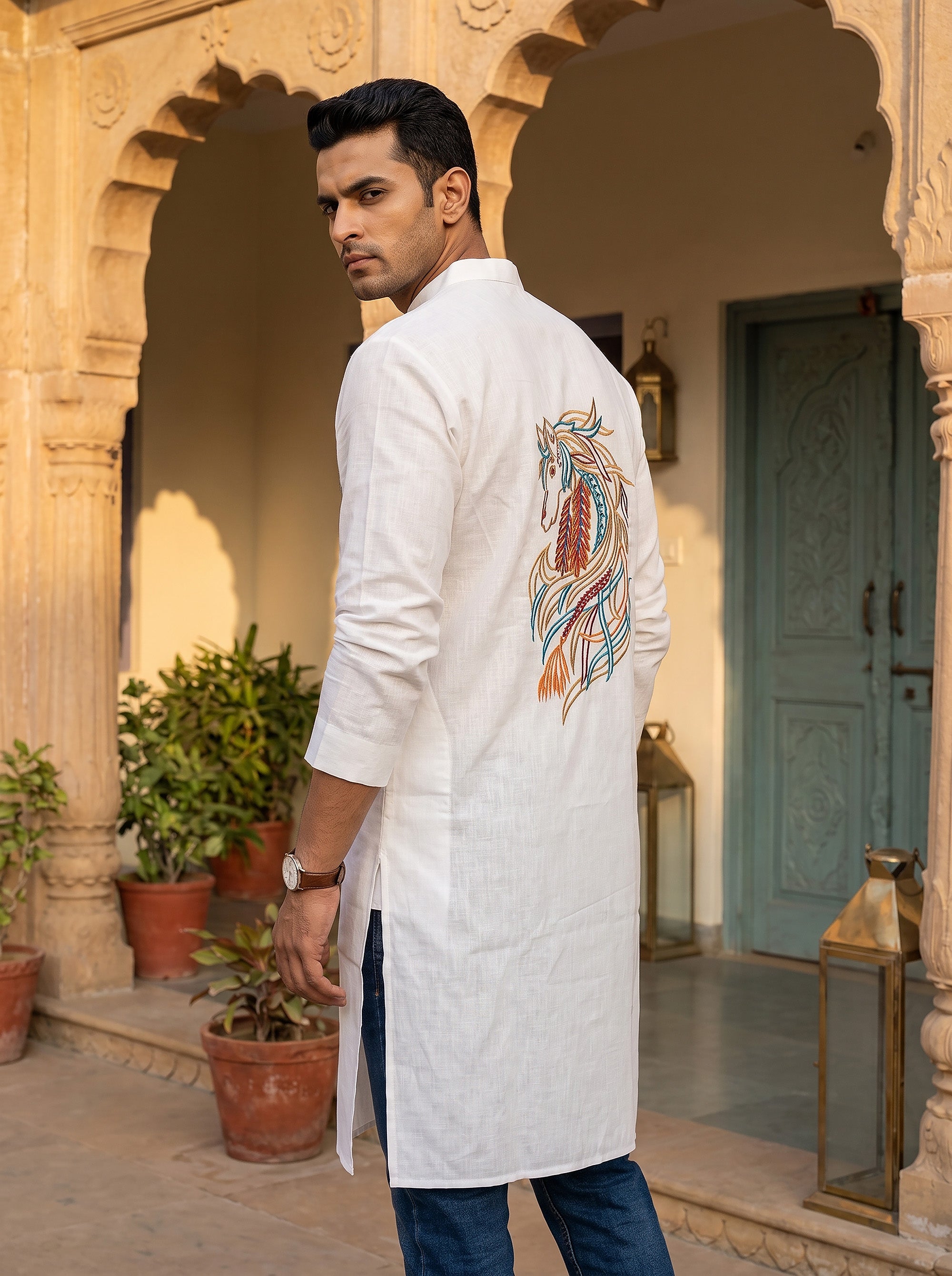 Regal Ashva | White Embroidered Men's Kurta | Palkhi Fashion