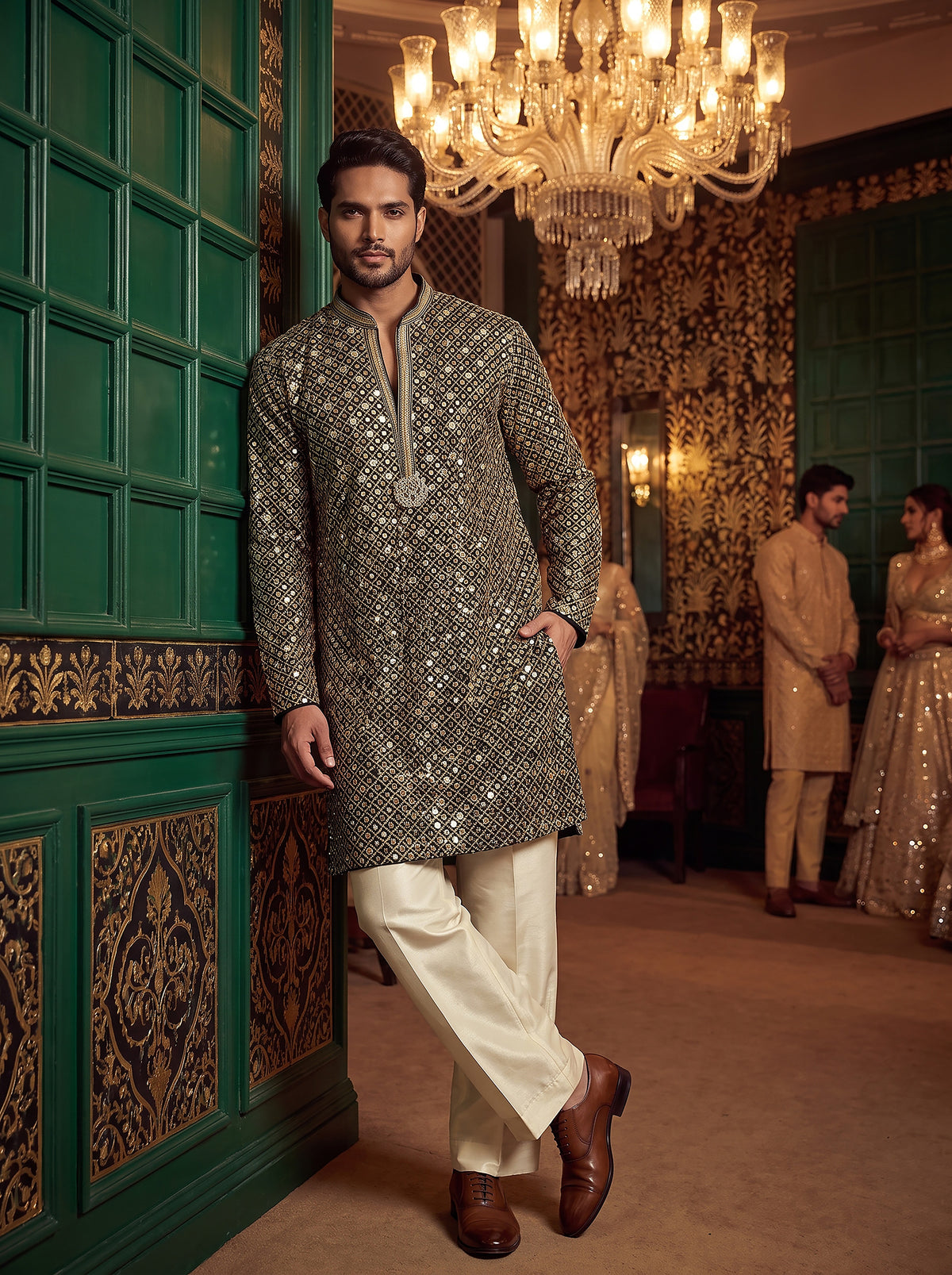 Regal Emerald | Emerald Green Georgette Foil Mirror Work Kurta Set | Palkhi Fashion