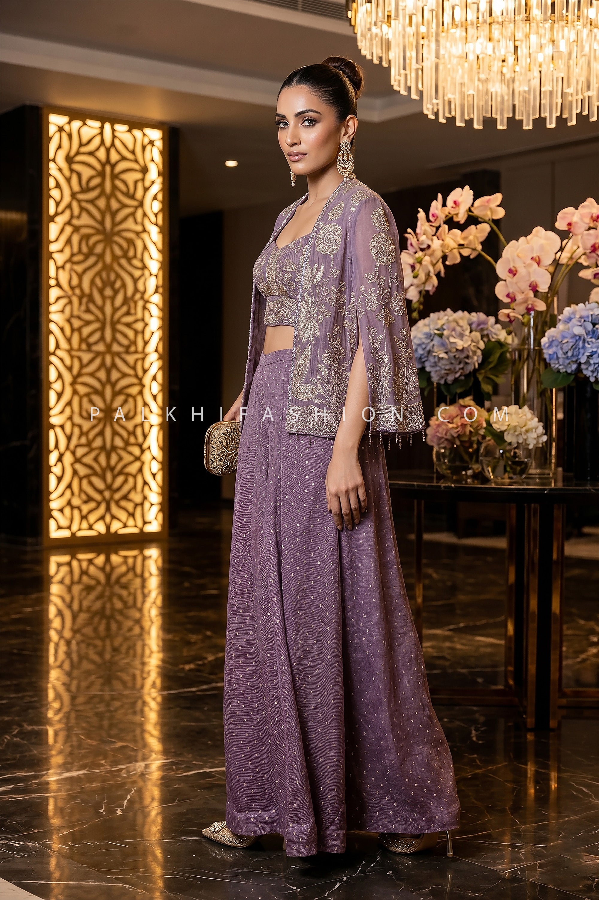 Regal Fusion Muse – Lilac Handwork Banarasi Cape Palazzo Set | Palkhi Fashion