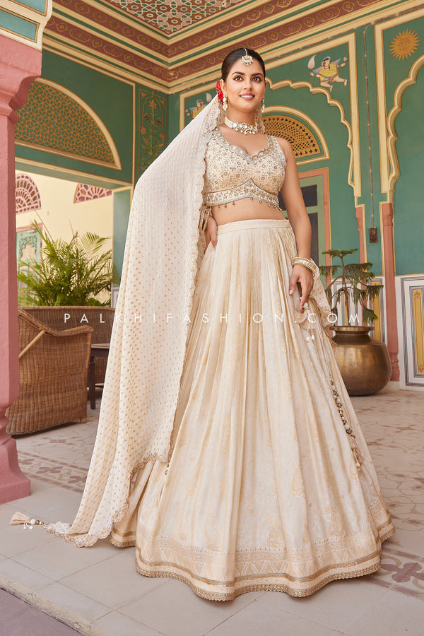 Regal Glam: A Champagne Color Designer Lehenga Choli - Palkhi Fashion