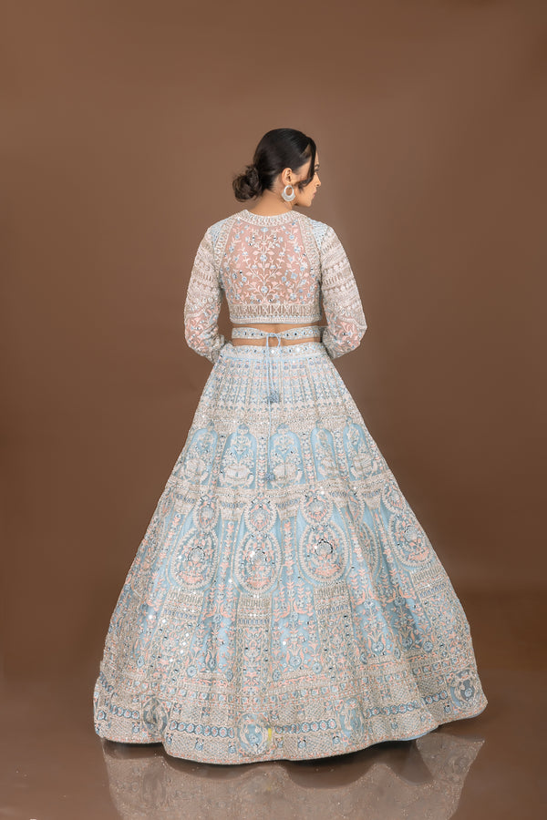 Regal Glam: Powder Blue Designer Lehenga Choli with Mirror and Pearl Work