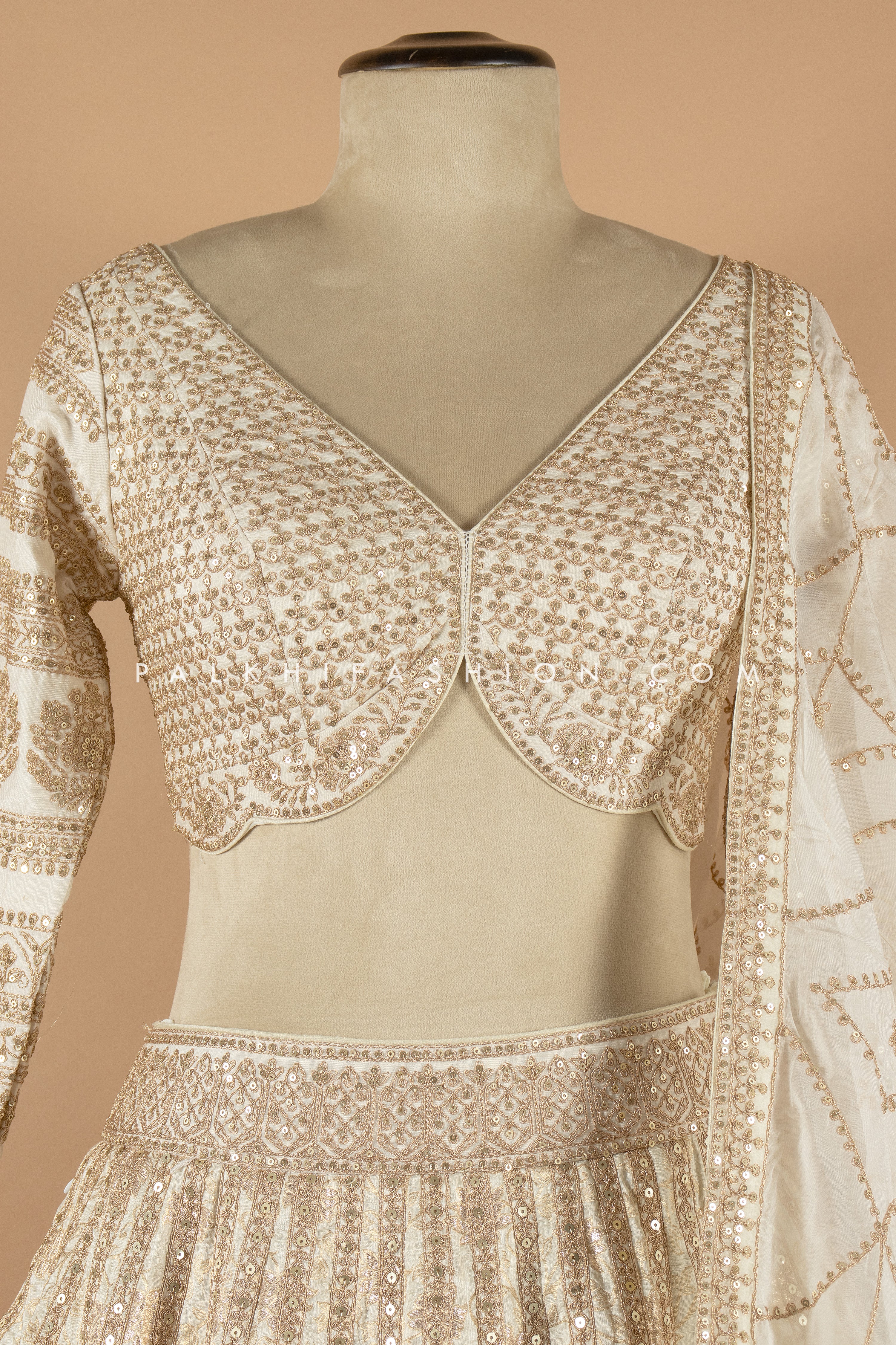 Regal Glam: Premium Champagne Banarasi Silk Designer Lehenga Choli 