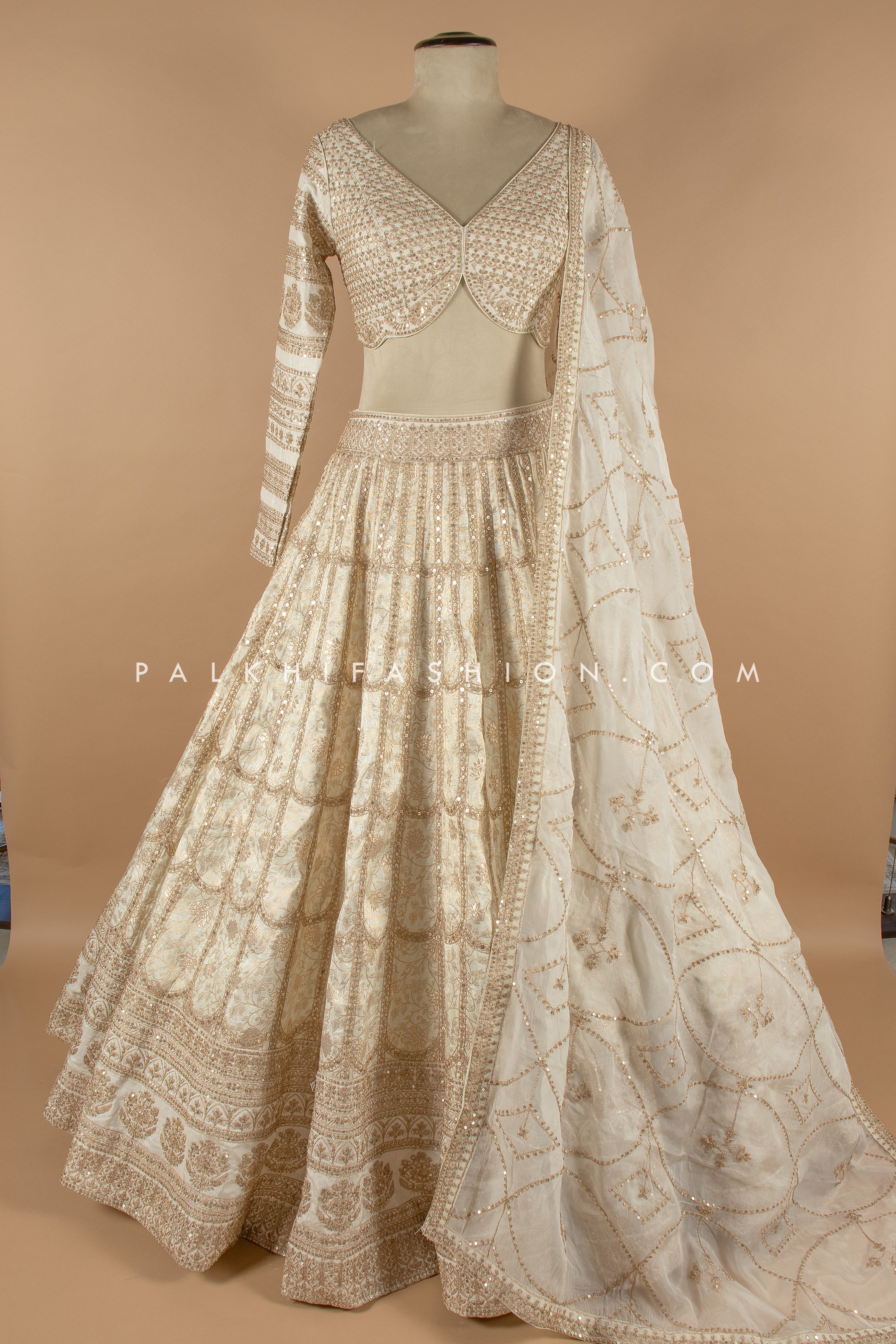 Regal Glam: Premium Champagne Banarasi Silk Designer Lehenga Choli 
