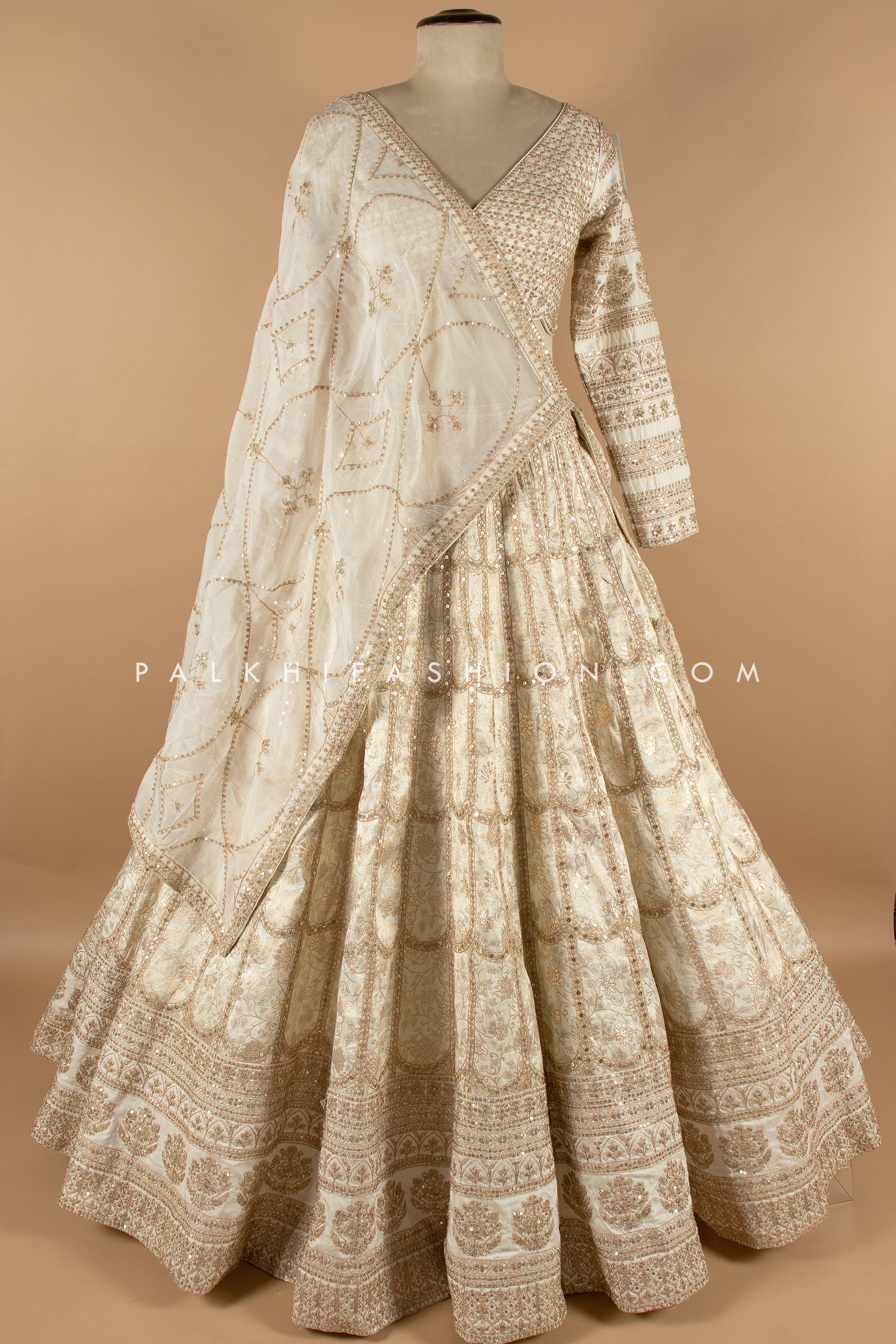 Regal Glam: Premium Champagne Banarasi Silk Designer Lehenga Choli 